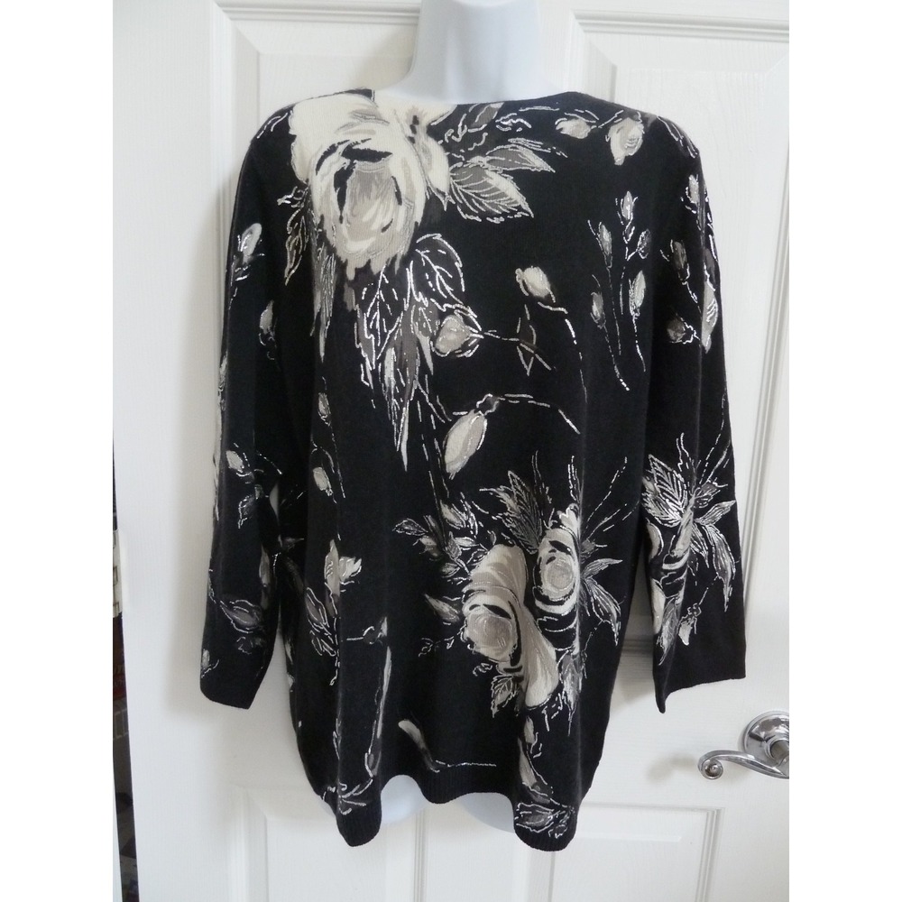 Talbots XL Cashmere Sweater Floral Black Gray Silver Boat Neck 3/4 Sleeve NWOT